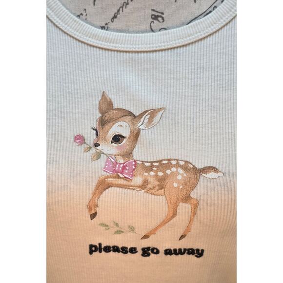 House Of Cotton Womens XL Ribbed Cropped Top Shirt Deer Fawn "Please Go Away" - Picture 2 of 8